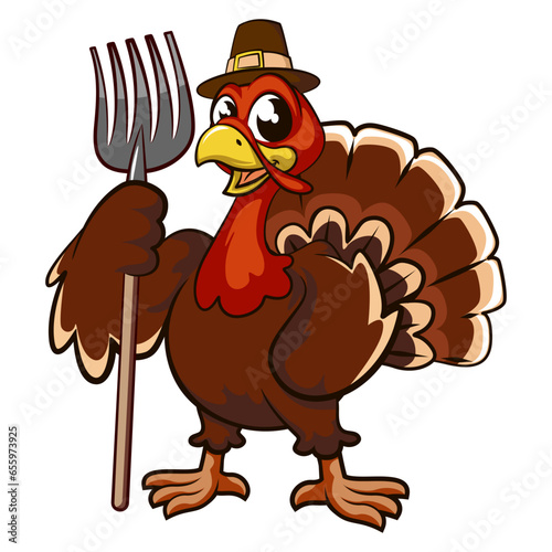 Cartoon character mascot of turkey carrying fork shovel in pilgrim hat