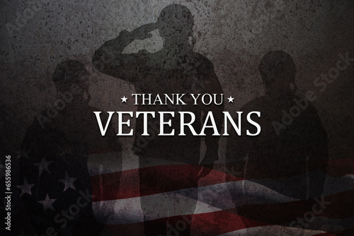 Silhouettes of soldiers saluting with Thank You Veterans inscription on rusty iron background. American holiday typography poster. Banner, flyer, sticker, greeting card, postcard.