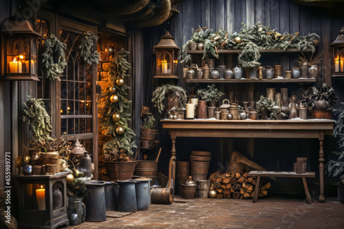 Old pantry with materials, foods and containers from long ago with christmas decorations