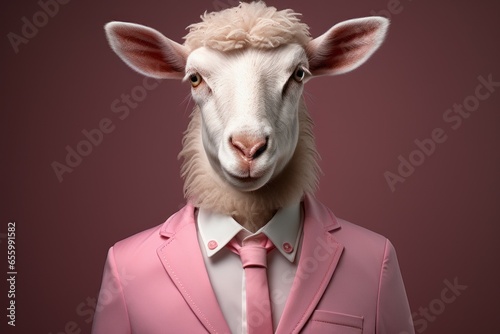Cute funny sheep in clothes. Pink mood concept. Portrait with selective focus and copy space