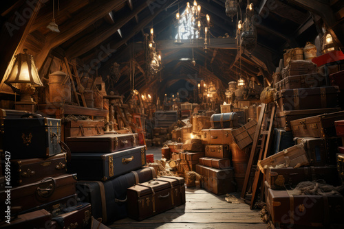 A dusty attic filled with antique trunks and forgotten treasures. Concept of hidden nostalgia. Generative Ai.