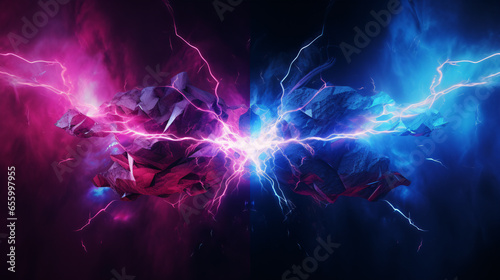 Abstract electric lightning in vivid blue and pink hues, symbolizing conflict and confrontation. Versus screen in gaming...