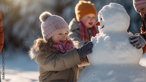 pure delight of children as they work together to build a cheerful snowman on a sunny, snowy winter day.