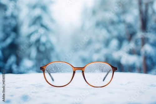 A pair of glasses sitting on top of a snow covered ground. Photorealistic AI.