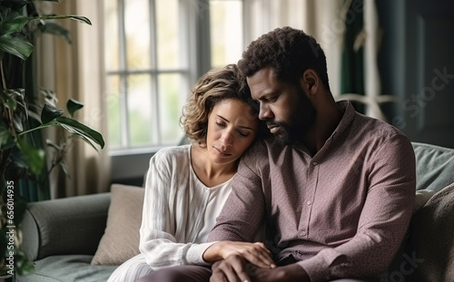 Sad diverse couple sitting in living room at home