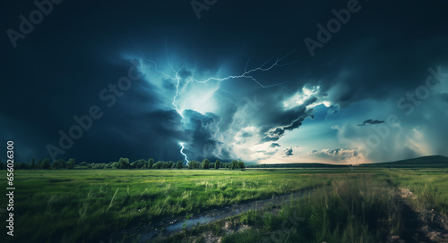 a field with a lightning in the sky