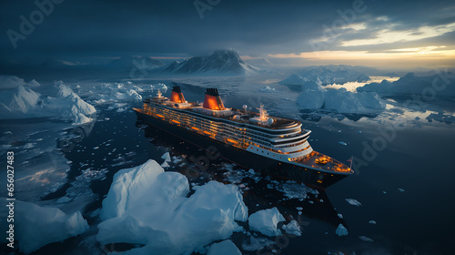 Aerial view of a glowing cruise ship in Antarctica at night