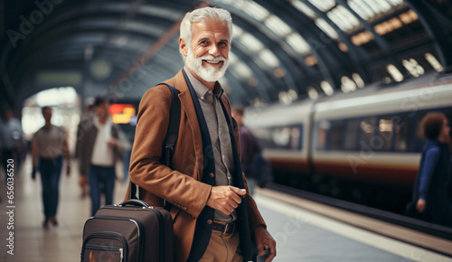 Senior smiling professional with luggage waiting at subway or train railway station platform