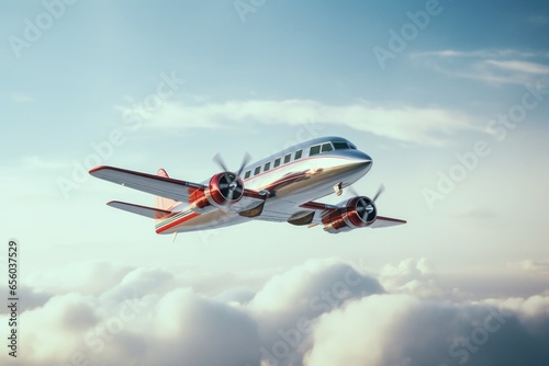 A small propeller plane gracefully soars through the clouds. This image captures the freedom and adventure of flight. Perfect for aviation enthusiasts or travel-related designs.