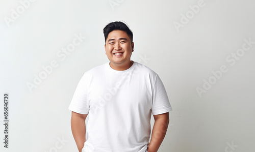 Proud Asian big fat overweight men in white black shirt isolated on white background. White t shirt on a young man template on white background. copy space