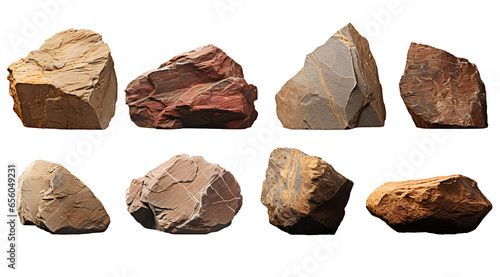Collection of big rock stones isolated on transparent background. Realistic 3D render.
