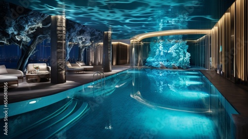 a hotel pool area with underwater LED lighting, showcasing the allure of aquatic illumination in hospitality design