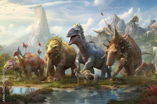 Prehistoric Dinosaur Gathering: Lively Depiction of Coexisting Dinosaurs in a Diverse Landscape, generative AI