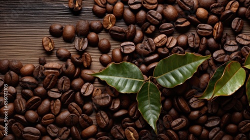 A close up of coffee beans and leaves. Generative AI.