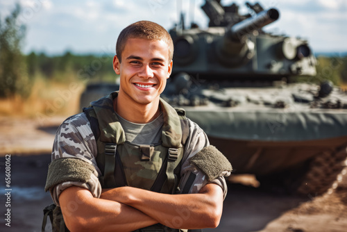 Portrait of smiling handsome caucasian solder in work uniform enjoying his time at job, brave man at his job in the army