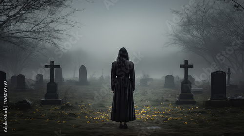 Back view of a lone woman in the middle of a cemetery and tombstones. Overcast, dark, scary creepy atmosphere.