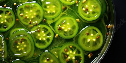 From a topdown view, finely sliced green bell peppers create a mesmerizing visual mosaic, floating in the depths of the broth. The peppers contribute a refreshing crispness, infusing the