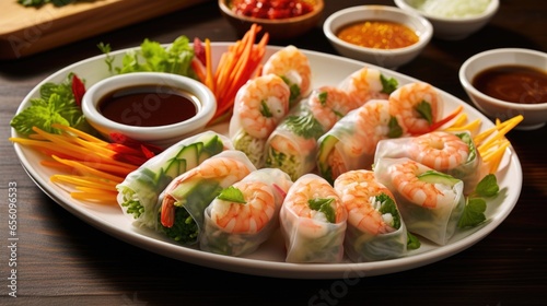 A visually captivating shot showcasing a platter of delicate rice paper rolls, bursting with a colorful assortment of fresh vegetables, shrimp, and a subtle hint of mint, elegantly served