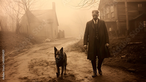 Man walking with his dog in the early 1900s