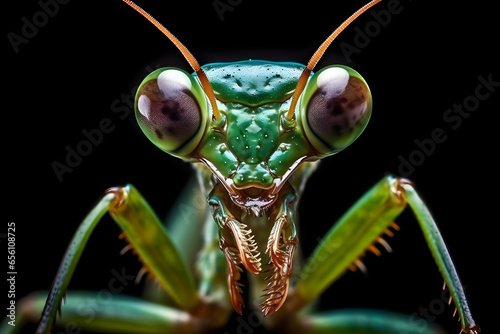 Close up of a green praying mantis isolated on black background with water drops, macro lens photography