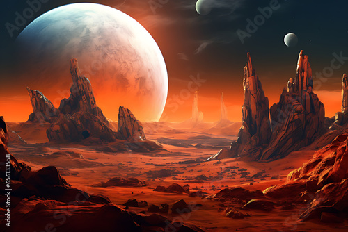 an abstract space landscape of a planet and rocks, in the style of light orange, high resolution, detailed world-building, light crimson and green, sculpted, desertwave, nightscape.