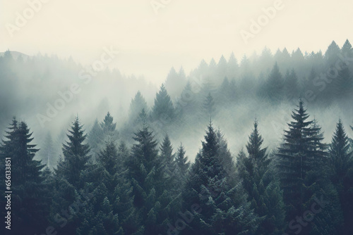 Beautiful Misty landscape with fir forest in hipster vintage retro style, natural background and Fog clouds at the pine tree mystical woods landscape.