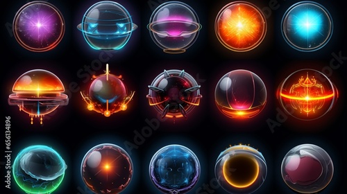 Sphere shield abstract energy protection spheres. Force field defence globe shell. Dome barrier technology vector set