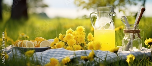 Eco friendly summer picnic with lemonade in a dandelion field on a table with a linen tablecloth