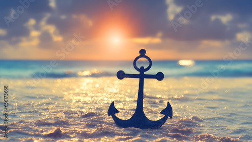 Realistic photo of an anchor on the beach film photography color photo sun rays light romantic. Seaside Serenity. Captivating Skyline at Sunset Reflection over Ocean. Generative AI