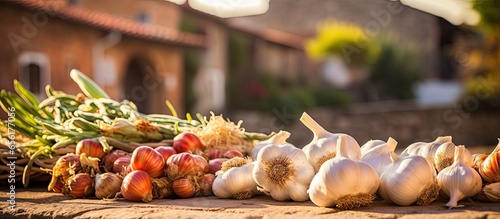 Seasonal local produce including garlic fruits and vegetables sold in a small Portuguese village near Sintras outdoor market