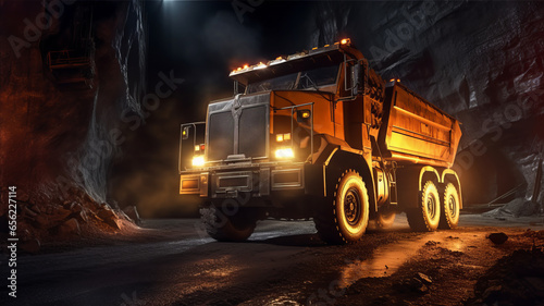 Large quarry dump truck in coal mine at night. Loading coal into body work truck.