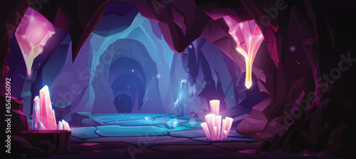 Dark cave with blue and pink shining crystal clusters in stone walls. Cartoon vector diamond mine or dungeon for game path or level. Rocky tunnel with glittering treasure mineral resources from inside