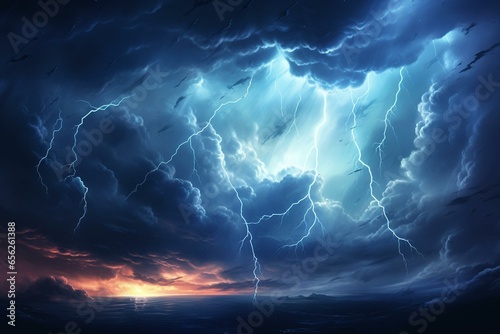 Illustration depicting a stormy sky with white cloud and bright lightnings. Generative AI