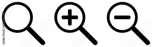 Magnifying glass icon set. Search symbol. Zoom in and zoom out sign. Magnifier illustration isolated on transparent background.