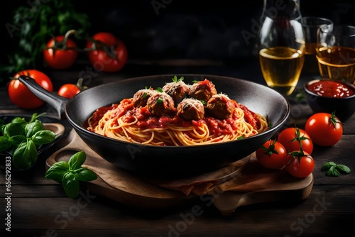 A substantial serving of pasta with meatballs and marinara sauce. 