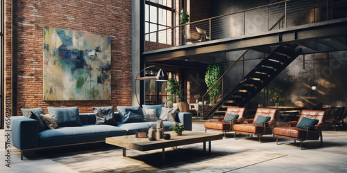 Loft style living room decor , interior design with large sofa, large abstract painting on the background of brick wall