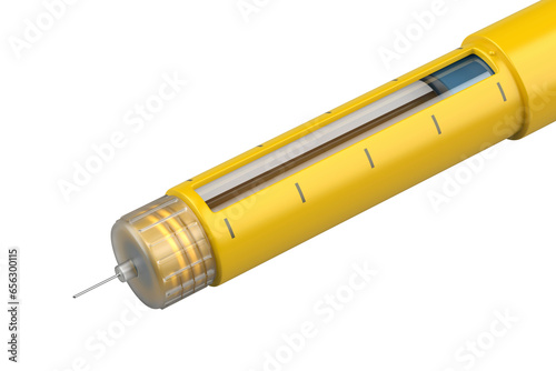 Close up of yellow insulin pen on transparent background