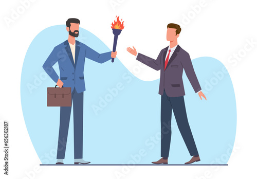 Senior businessman passes baton to his young successor. New employee or junior in workplace, mentorship and coach. Work mentoring and training. Employees education. Cartoon flat vector concept