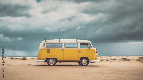 Vintage van on the beach with cloudy sky