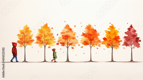 watercolor autumn yellow trees on a white background, a row of autumn trees simple illustration