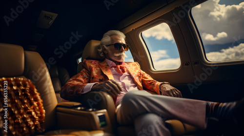 Lifestyle of the Affluent. An older man in an extravagant orange jacket, exuding sophistication, relaxes on his private jet in style