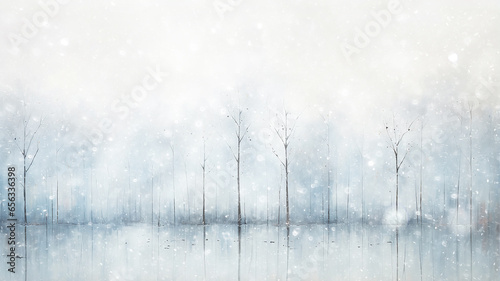 white blurred background snowfall, snowflakes falling, blizzard, watercolor image light abstract copy space blank winter greeting postcard