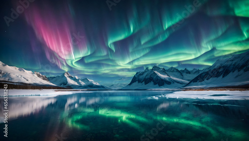 the aurora borealis above the ice glacier are behind the pointed snow peaks
