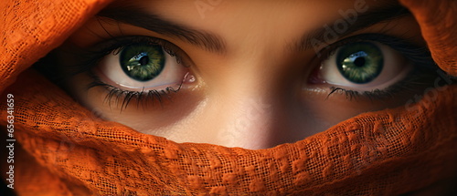 Close up portrait of young Woman muslim in orange burqa with hidden face. female green eyes and face covered. Oriental girl in a burka. Straight look, expressive eyes, close-up portrait. Generative ai