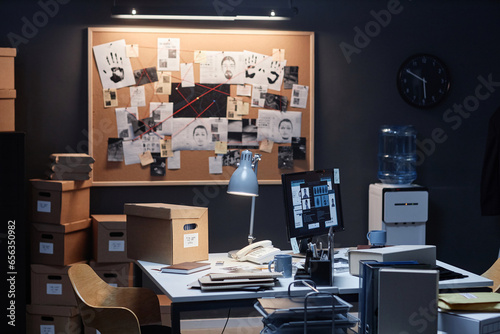 Background image of retro detectives office with evidence board lit by ambient lighting, copy space