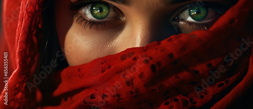 Close up portrait of young Woman muslim in red burqa with hidden face. female green eyes and face covered. Oriental girl in a burka. Straight look, expressive eyes, close-up portrait. Generative ai