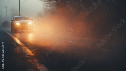 the headlights of a car on an autumn road in fog, the weather is a dangerous road in November
