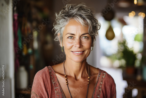 Smiling Hippie-Styled Mature Woman: A Liberal Portrait