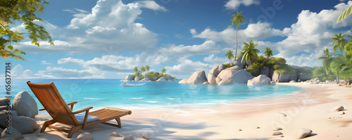 une chaise longue sur une plage de sable fin devant une mer bleue turquoise