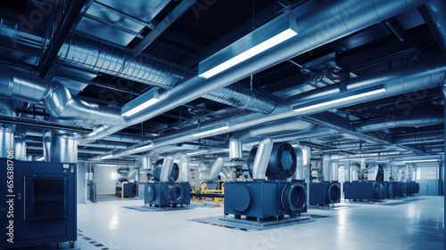 Interior of a modern industrial building, factory equipment, blue toned